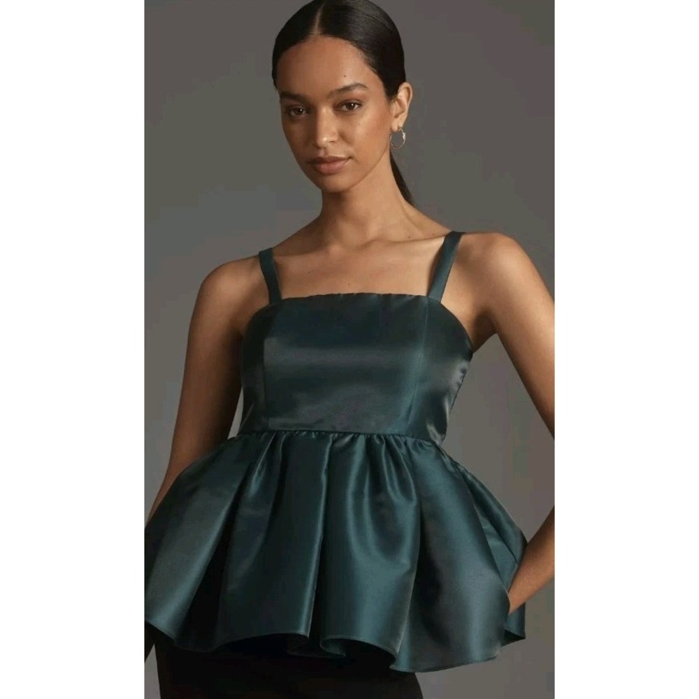 NWT Anthropologie Mare Mare Square Neck Babydoll Top Green Tafetta Sz M Elegant